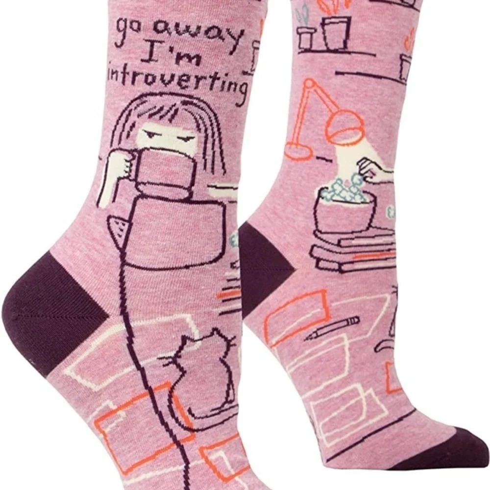 NWT Blue Q Womens Crew Socks Go Away Introvert Cat Mom Novelty‎ Fun Gag Gift New